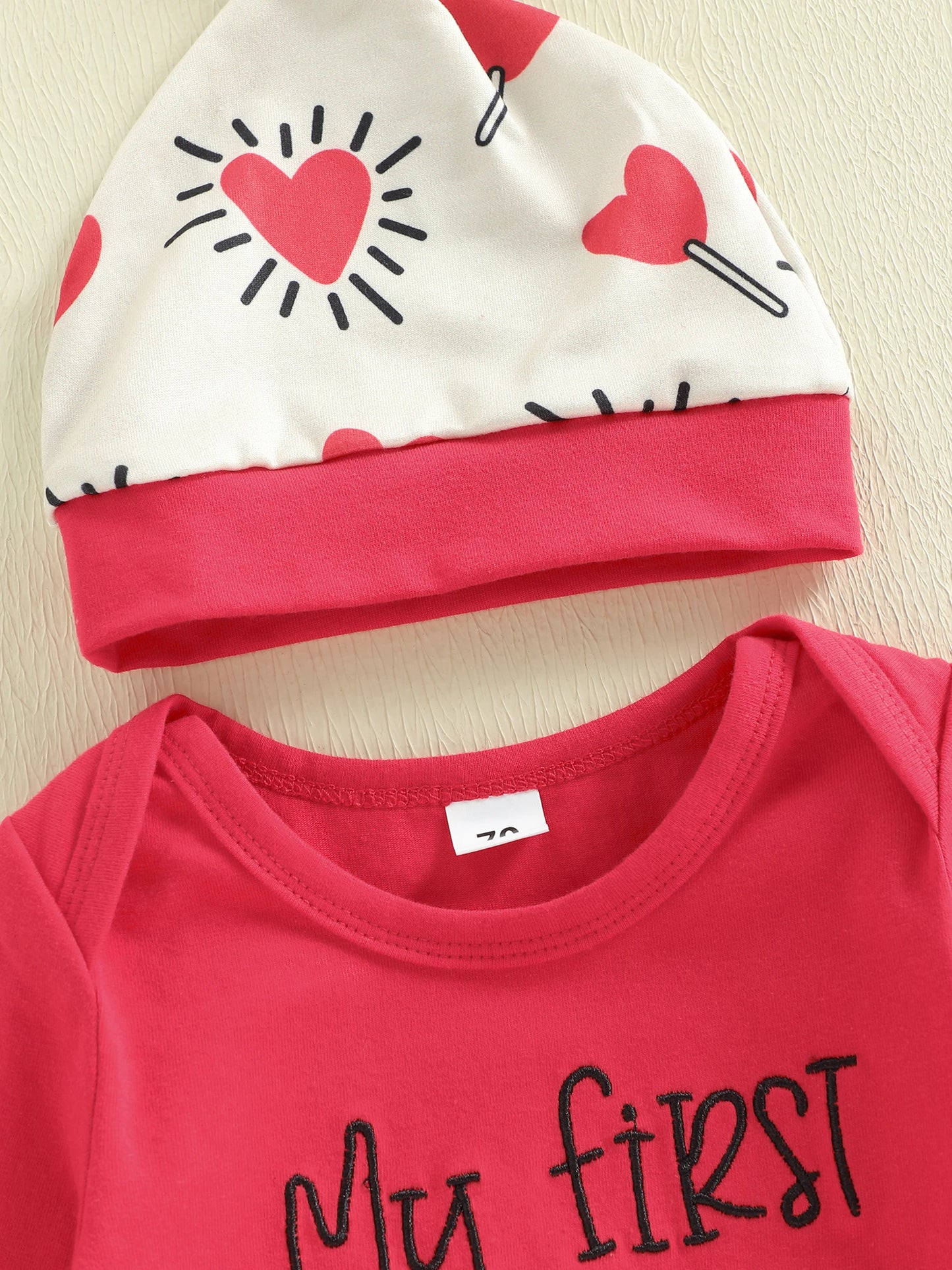 Baby Boy Girl 3Pcs My First Valentine's Day Outfit Letter Print Long Sleeve Romper Heart Candy Pattern Long Pants and Hat 3Pcs Set