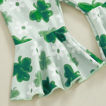 Load image into Gallery viewer, Baby Girl 3Pcs Set My 1st St. Patrick&#39;s Day Short Sleeve Romper with Clover Print Flare Pants and Bow Headband Outfit
