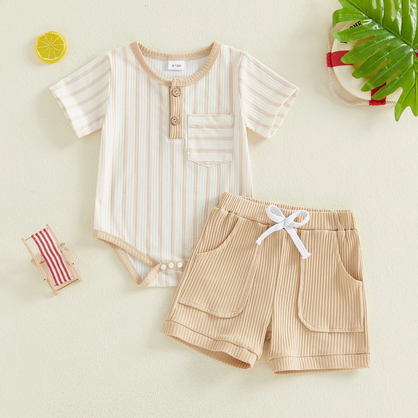 Baby Toddler Boys 2Pcs Summer Outfits Short Sleeve Stripes Print Romper Shorts Set