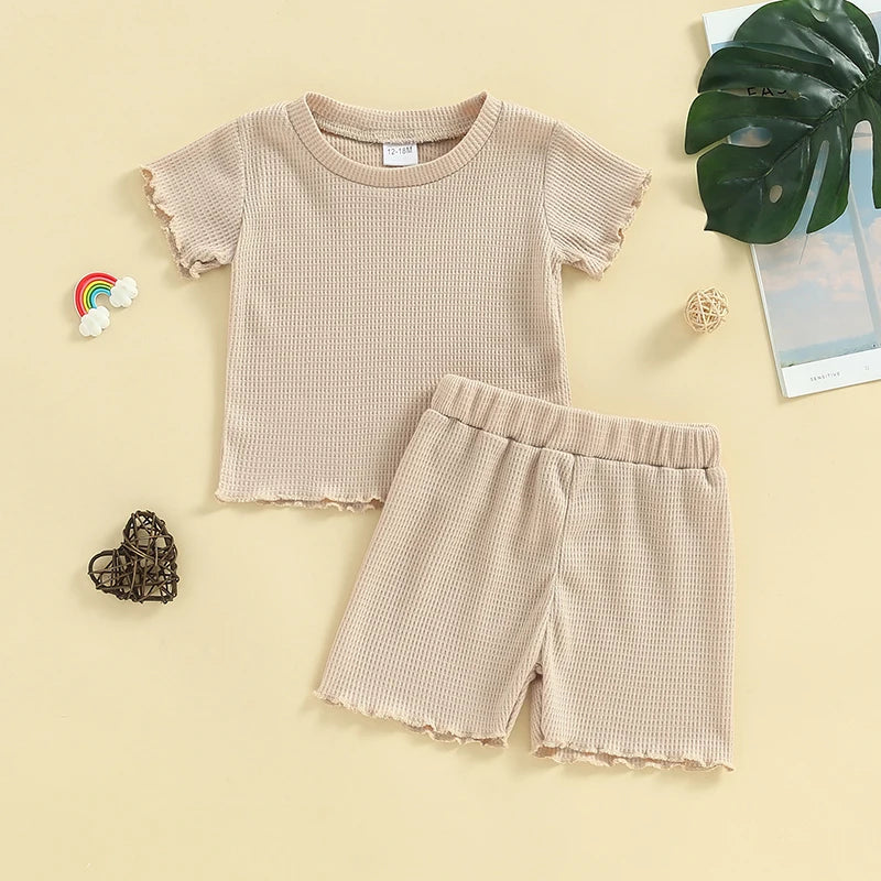 Baby Toddler Kids Girls 2Pcs Shorts Set Short Sleeve Crew Neck Top Frill Sleeves with Elastic Waist Shorts Summer Waffle Outfit