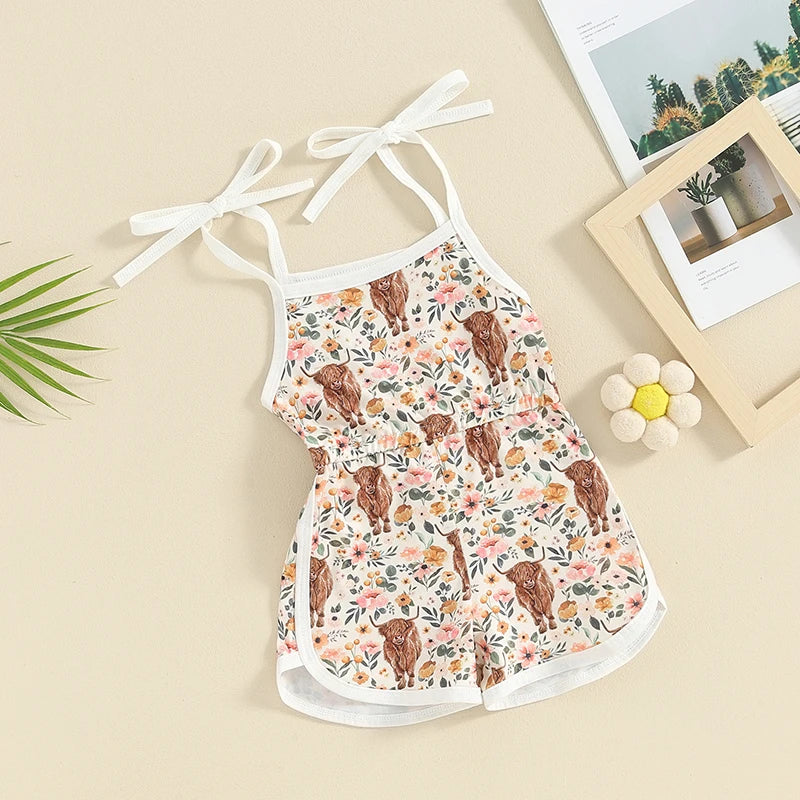 Baby Toddler Girl Western Shorts Romper Floral Flowers Cattle Highland Cow Print Sleeveless Sling Tie-Up Tank Top Overalls Jumpsuit