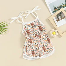 Load image into Gallery viewer, Baby Toddler Girl Western Shorts Romper Floral Flowers Cattle Highland Cow Print Sleeveless Sling Tie-Up Tank Top Overalls Jumpsuit
