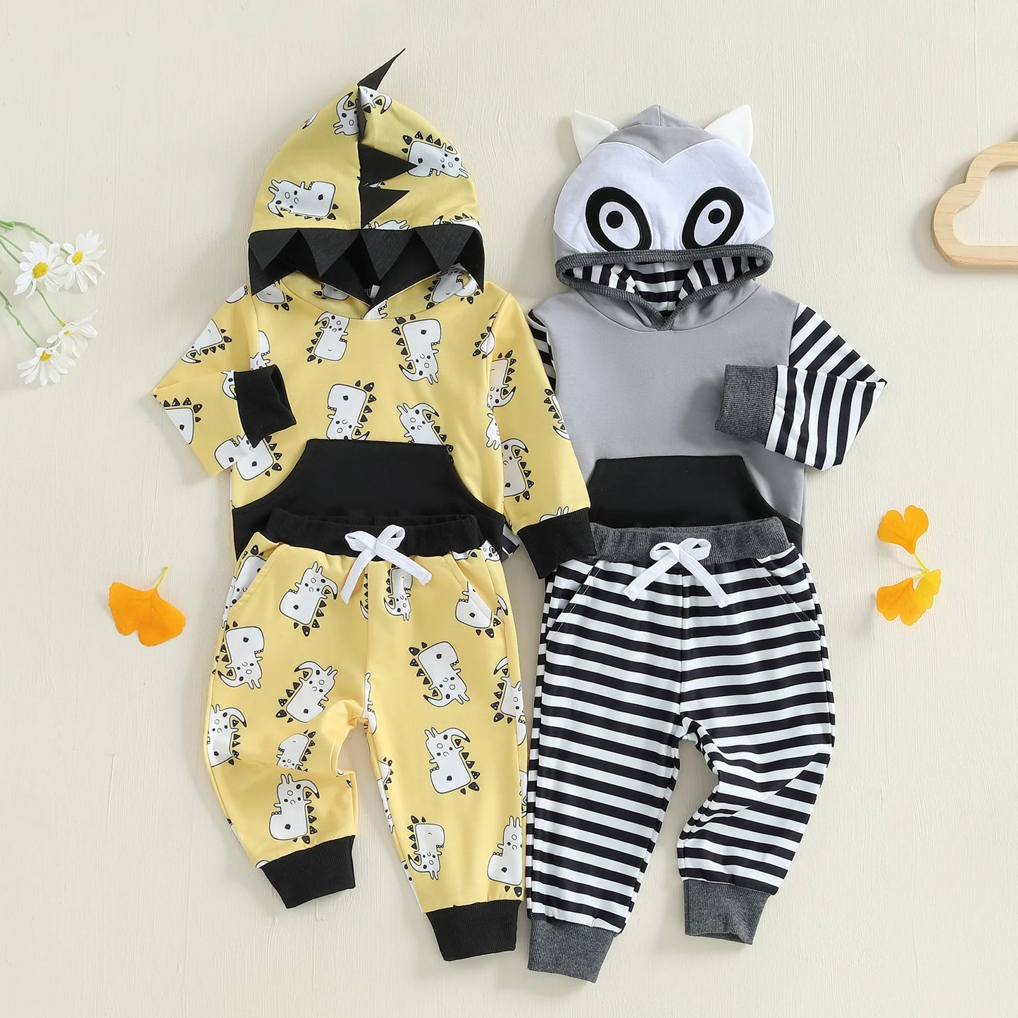 Baby Toddler Boy 2Pcs Fall Outfits Long Sleeve Animal Dinosaur Lemur Hoodies + Elastic Waist Stripe Pants 2Pcs Jogger Set
