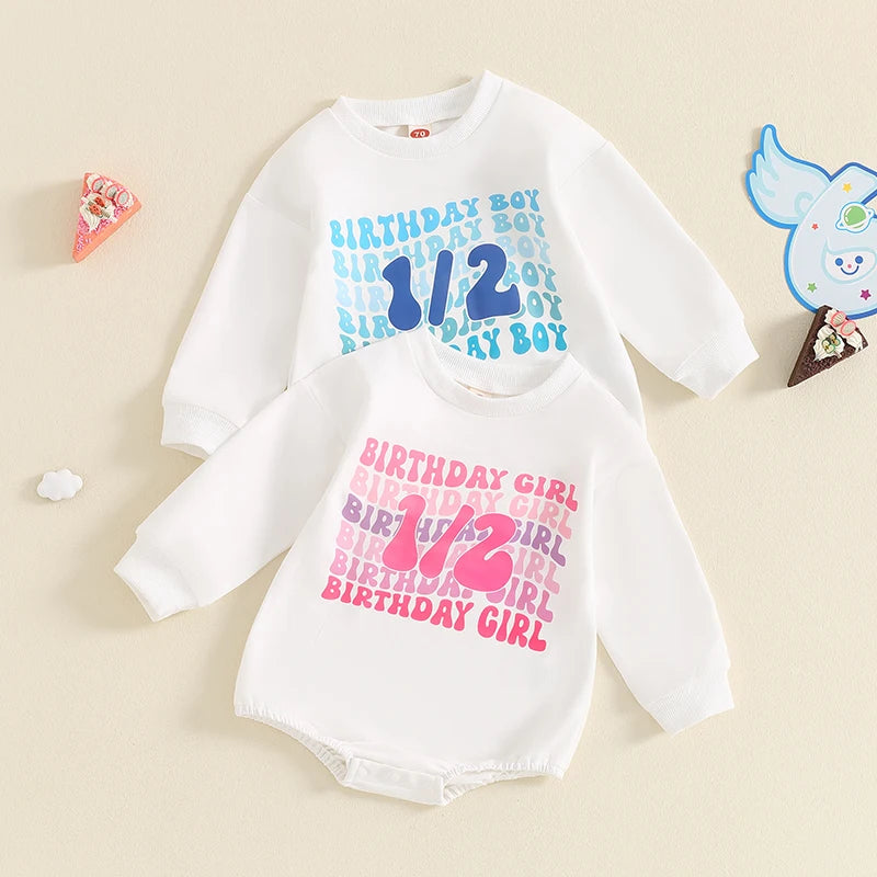 Baby Boys Girls 1/2 Half Birthday Romper Long Sleeve Crew Neck Letters Print Fall Bodysuit