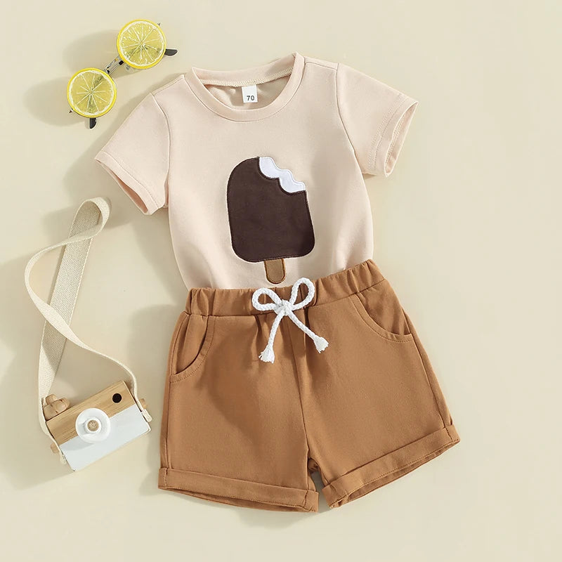 Toddler Baby Boy 2Pcs Summer Outfit Popsicle Embroidery Round Neck Short Sleeve Top Elastic Waist Shorts Set