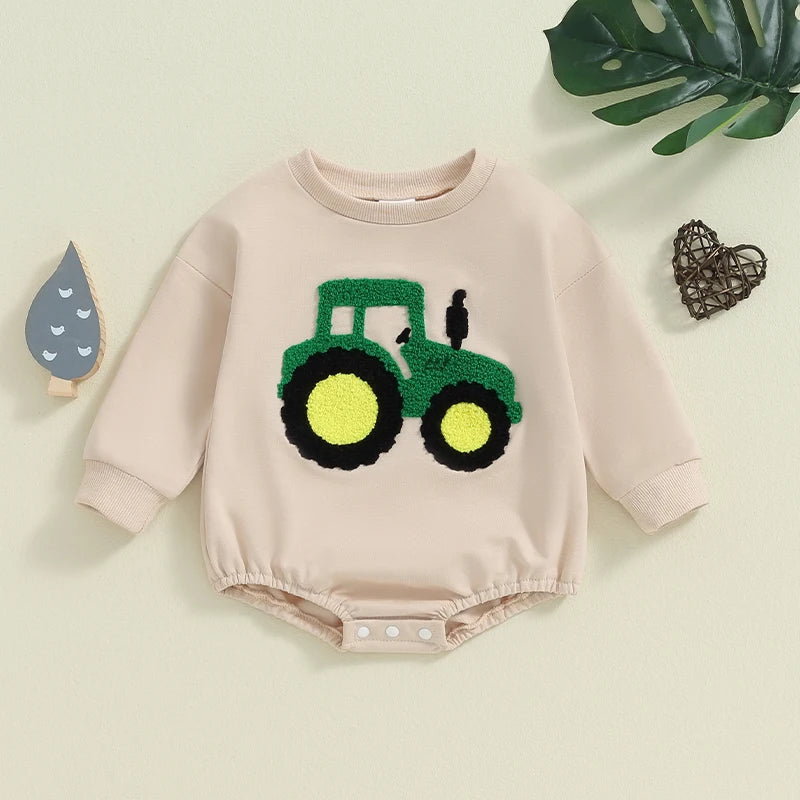 Baby Girls Boys Autumn Romper Long Sleeve Crewneck Tractor Embroidery Casual Playsuit