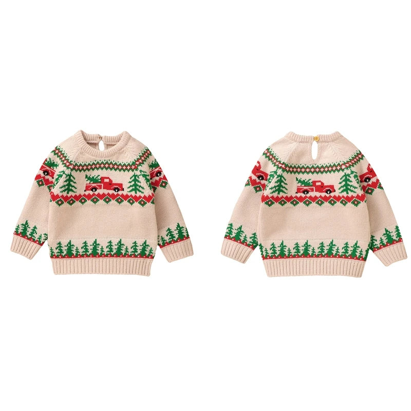 Baby Toddler Boy Girl Christmas Sweater Long Sleeve Round Neck Truck Tree Print Knit Pullover Top