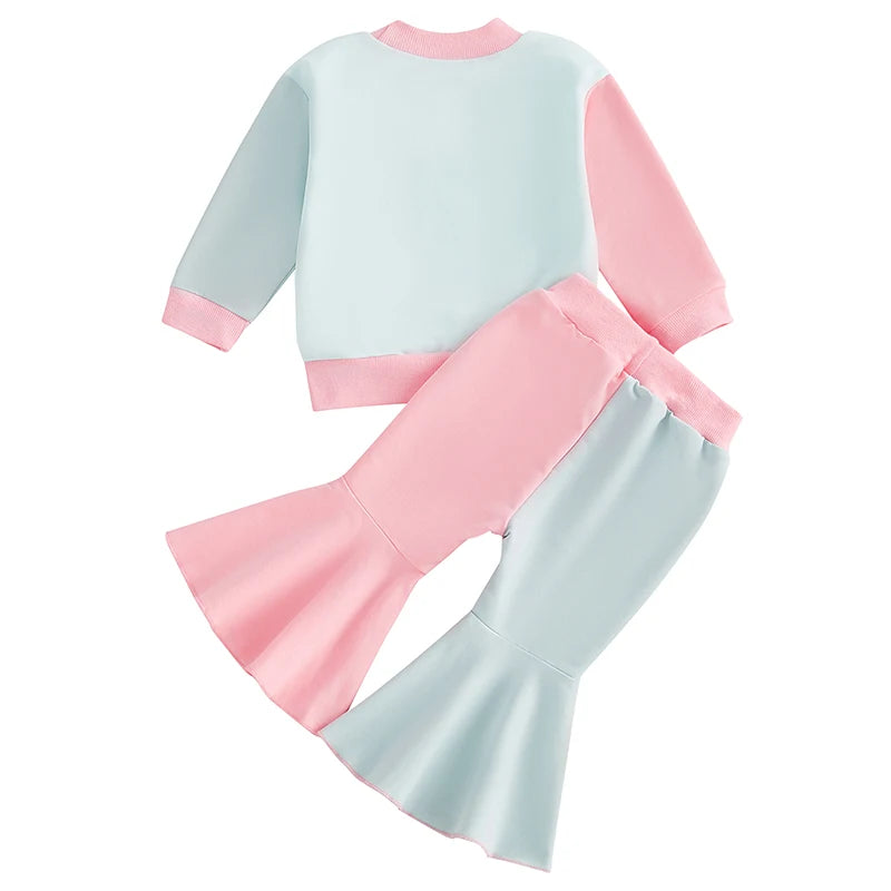 Baby Toddler Girls 2Pcs Fall Set Long Sleeve Crewneck Contrast Color Top Flared Pants Set Outfit