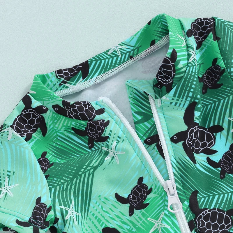 Baby Toddler Boys Summer Swimsuit Rompers Short Sleeve Turtle/Shark Print Zipper Bathing Suit Swimwear Romper