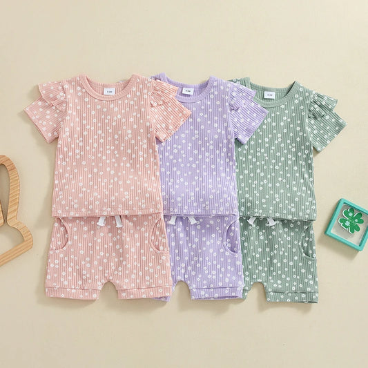 Baby Toddler Girl 2Pcs Summer Outfit Floral Flowers Print Ribbed Round Neck Short Sleeve Top and Shorts Set