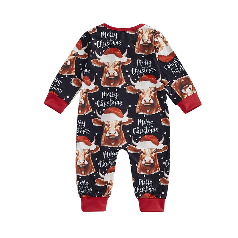 Baby Boys Girls Christmas Jumpsuit Bull Cow Santa Hat Merry Christmas Letter Print Round Neck Long Sleeve Zipper Romper