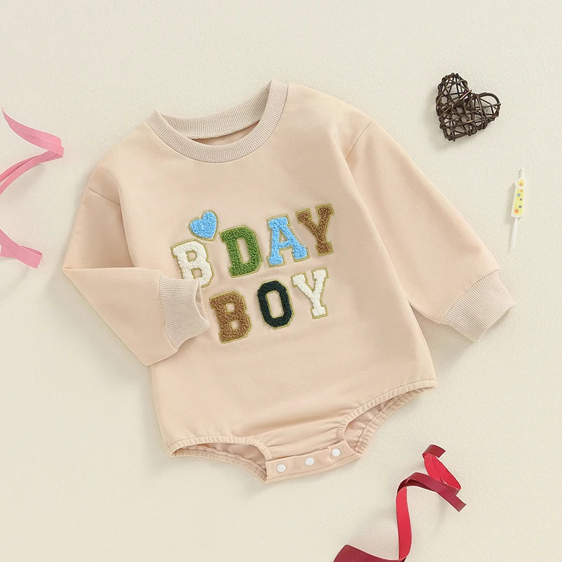 Baby Girl Boy BDAY GIRL / BOY Birthday Romper First Birthday Long Sleeve Round Neck Letter Embroidery Bodysuit Playsuit