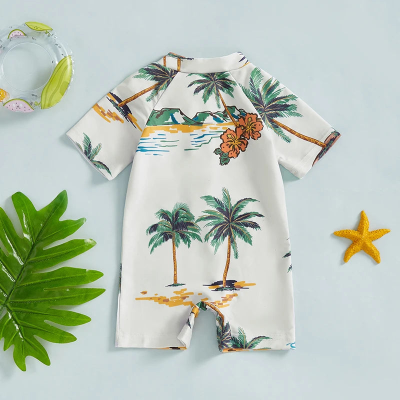 Baby Toddler Boys Rash Guard Swimwear Palm Tree Print Short Sleeve Mock Neck Zip Bathing Suit