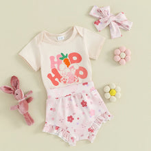 Load image into Gallery viewer, Baby Toddler Girls 3Pcs Easter Outfit Hip Hop Letter Bunny Rabbit Carrot Print Short Sleeve Romper and Floral Shorts Cute Headband Set

