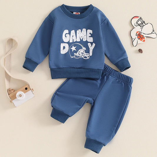 Baby Toddler Boys 2Pcs Game Day Cartoon Letter Football Print Long Sleeve Pullover Top + Casual Pants Set