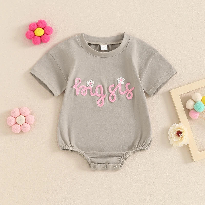 Baby Girl Boy Romper Short Sleeve Crew Neck Big Lil Bro Baseball Brother Big Sis Sister Letter Embroidery Bodysuit