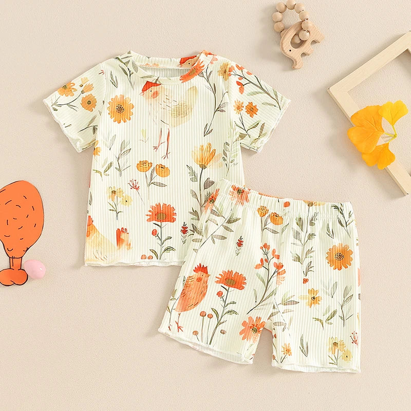 Toddler Kids Girls 2Pcs Clothes Set Chicken Cow Flower Print Short Sleeve Top with Shorts Summer Outfit