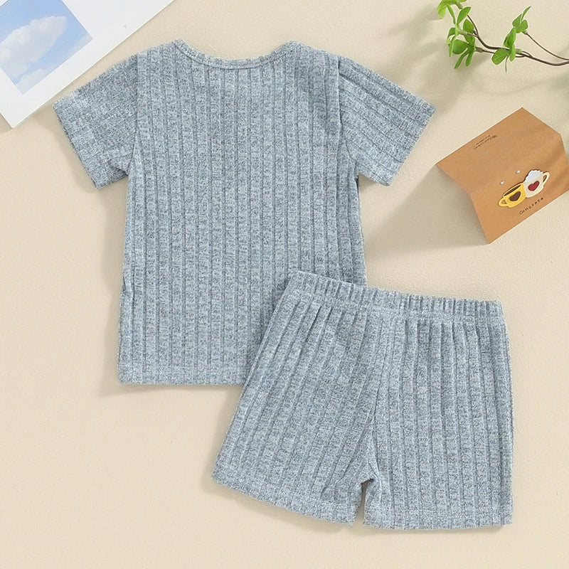 Baby Toddler Boy Girl 2Pcs Summer Clothes Plain Color Ribbed Knit Short Sleeve Button Top Elastic Waist Shorts Set Casual