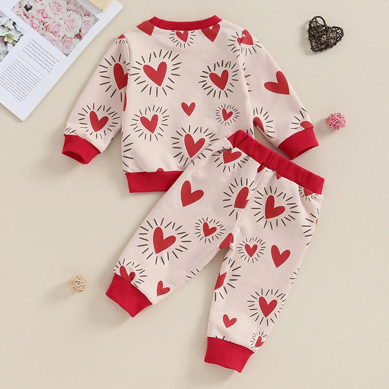 Toddler Baby Boy Girl 2Pcs Valentine’s Day Outfit Long Sleeve Heart Top + Pants Set