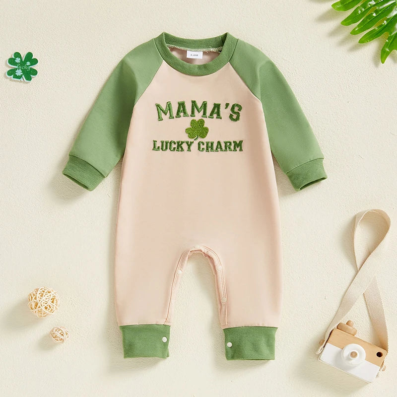 Baby Boys Girls Mama's Lucky Charm St. Patrick's Day Jumpsuit Letter Four Leaf Clover Embroidered Letters Raglan Long Sleeve Romper