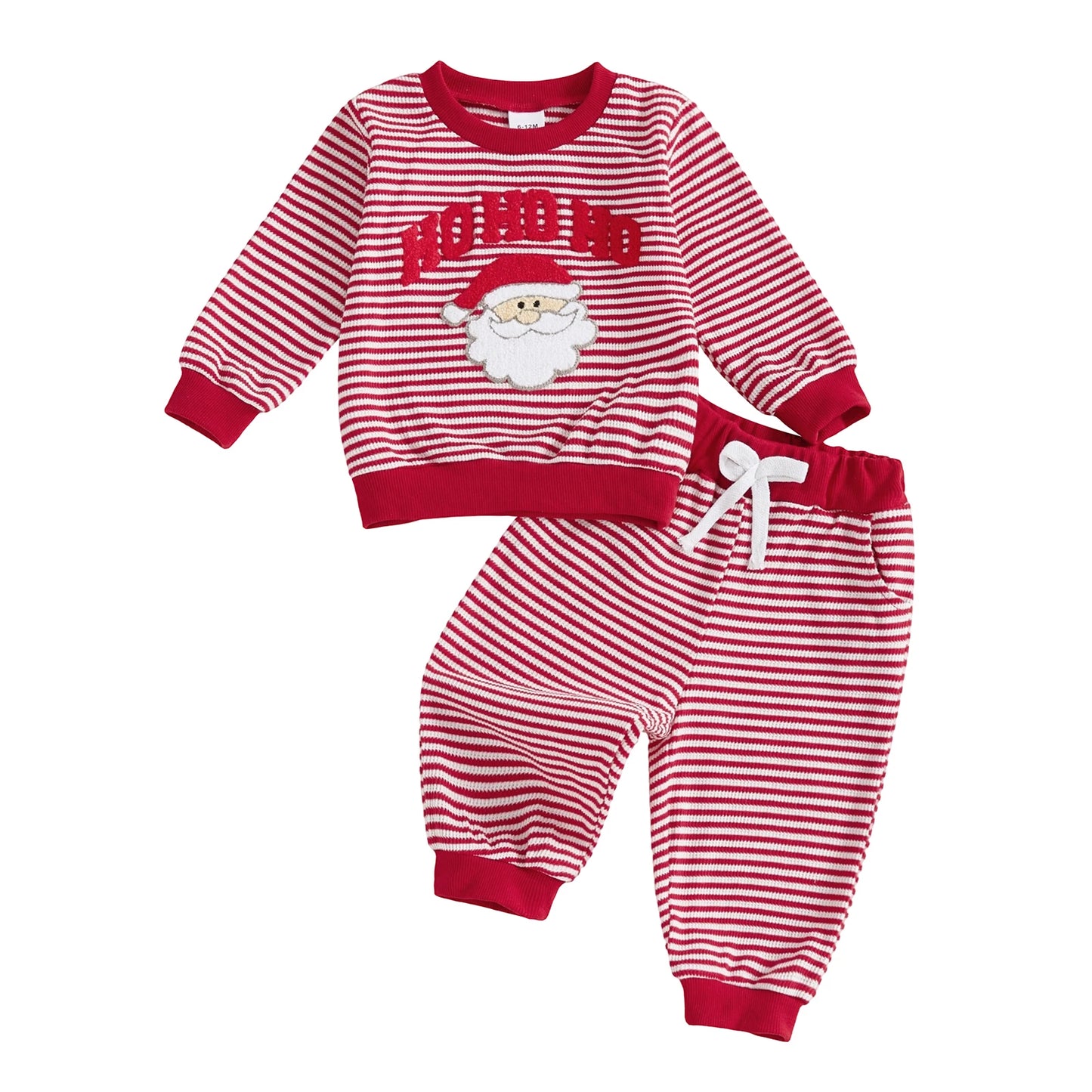Baby Toddler Boys Girls 2Pcs Ho Ho Ho Christmas Striped Jogger Set Fashionable Long Sleeve Santa Claus Embroidery Pullover Top with Pants 2 Pcs Outfit