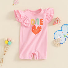 Load image into Gallery viewer, Baby Girls ONE Jumpsuit Fly Sleeve Crew Neck Letters Heart Print Birthday Romper
