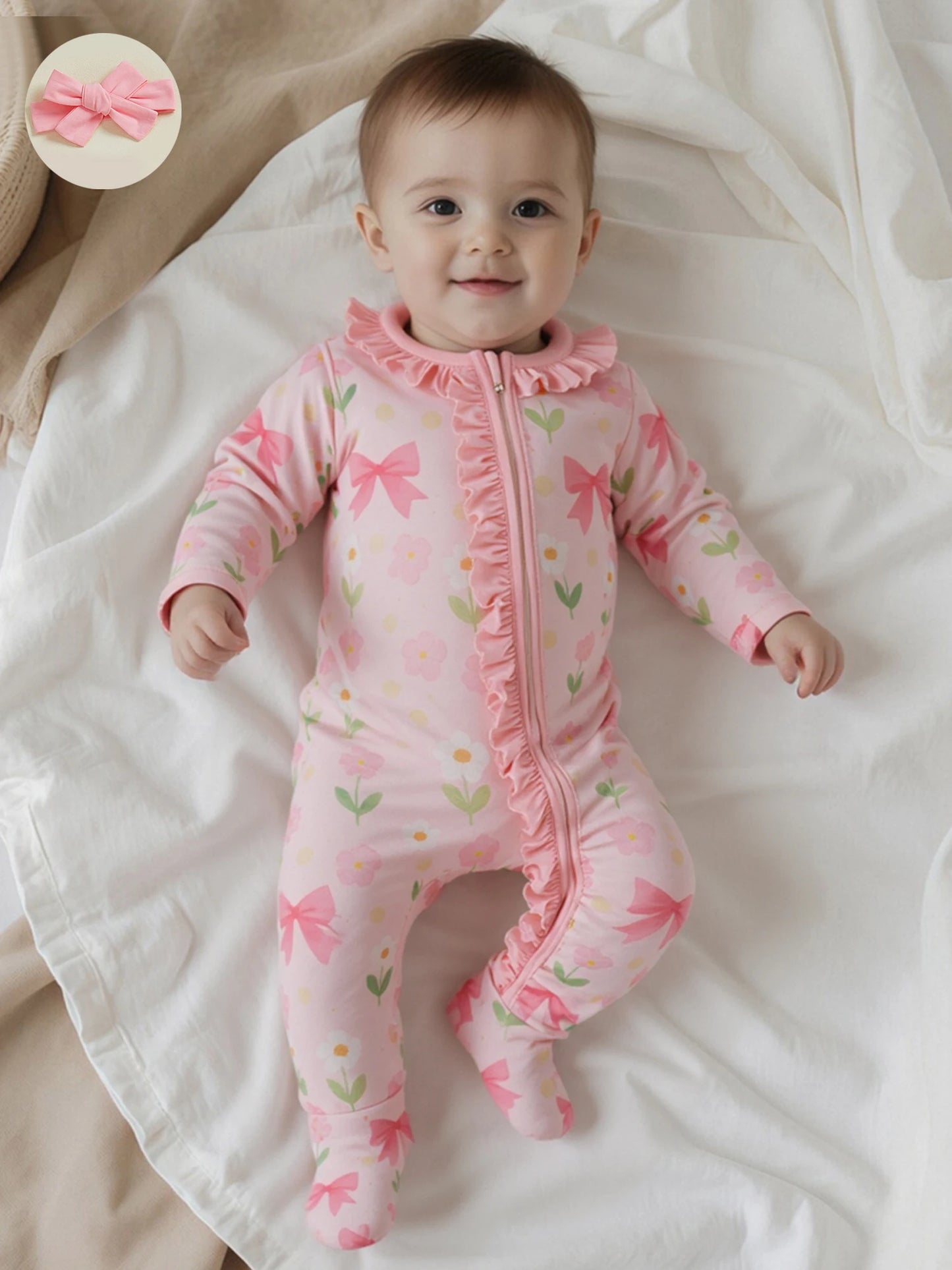 Baby Girl 2Pcs Footed Zipper Romper Floral Print Long Sleeve Zip Up Round Neck Ruffled Jumpsuit with Headband Set