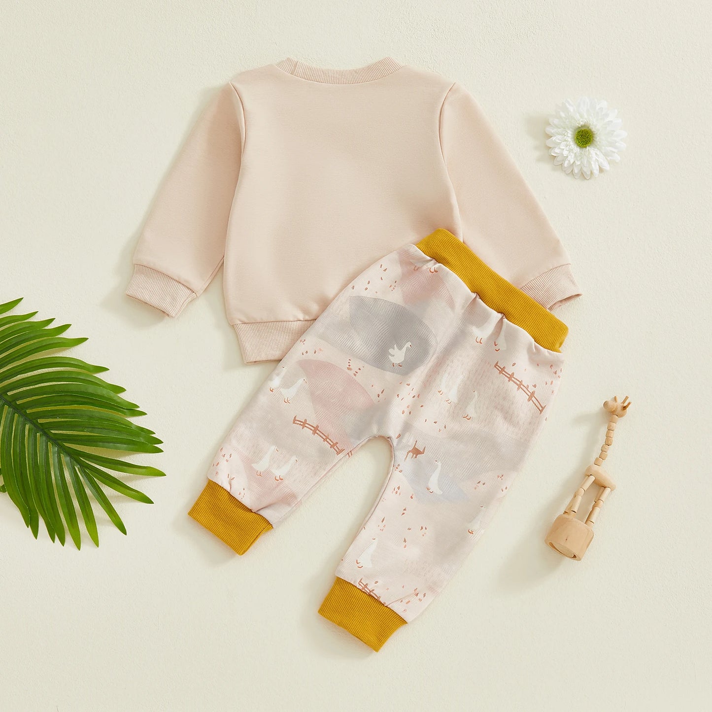 Baby Toddler Boys 2Pcs Fall Set Fashionable Long Sleeve Chicken/Duck Embroidery Pullover Top with Print Jogger Pants 2 Pcs Outfits