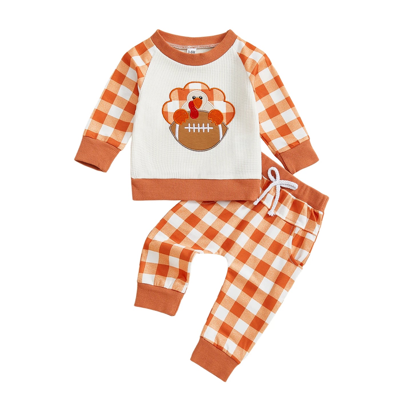Baby Toddler Boys 2Pcs Plaid Jogger Set Fall Turkey Football Pattern Long Sleeve Round Neck Pullover Top Pants Thanksgiving Outfits