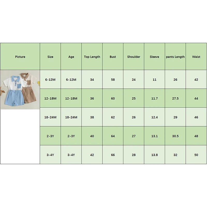 Baby Toddler Boys 2Pcs Summer Outfit Contrast Color Button Turn Down Collar Short Sleeve Shirt Top with Shorts Set