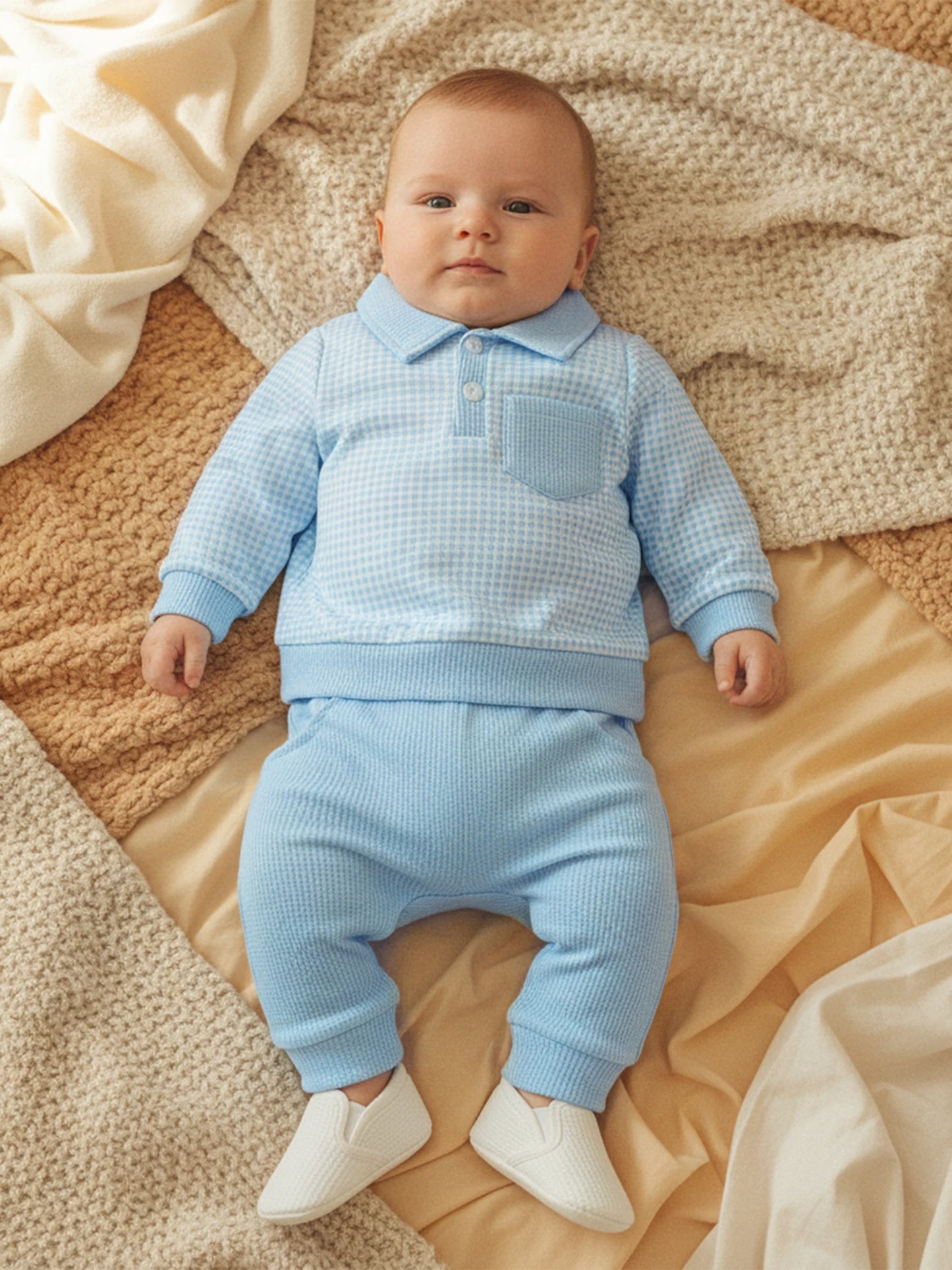 Baby Toddler Boys 2Pcs Outfit Long Sleeve Plaid Collared Top + Jogger Pants Set