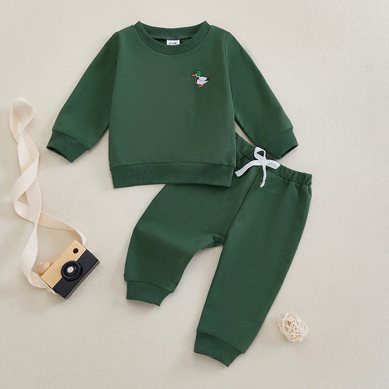 Baby Toddler Girl Boy 2Pcs Outfit Duck Embroidery Long Sleeve Crew Neck Top with Elastic Waist Pants Jogger Set