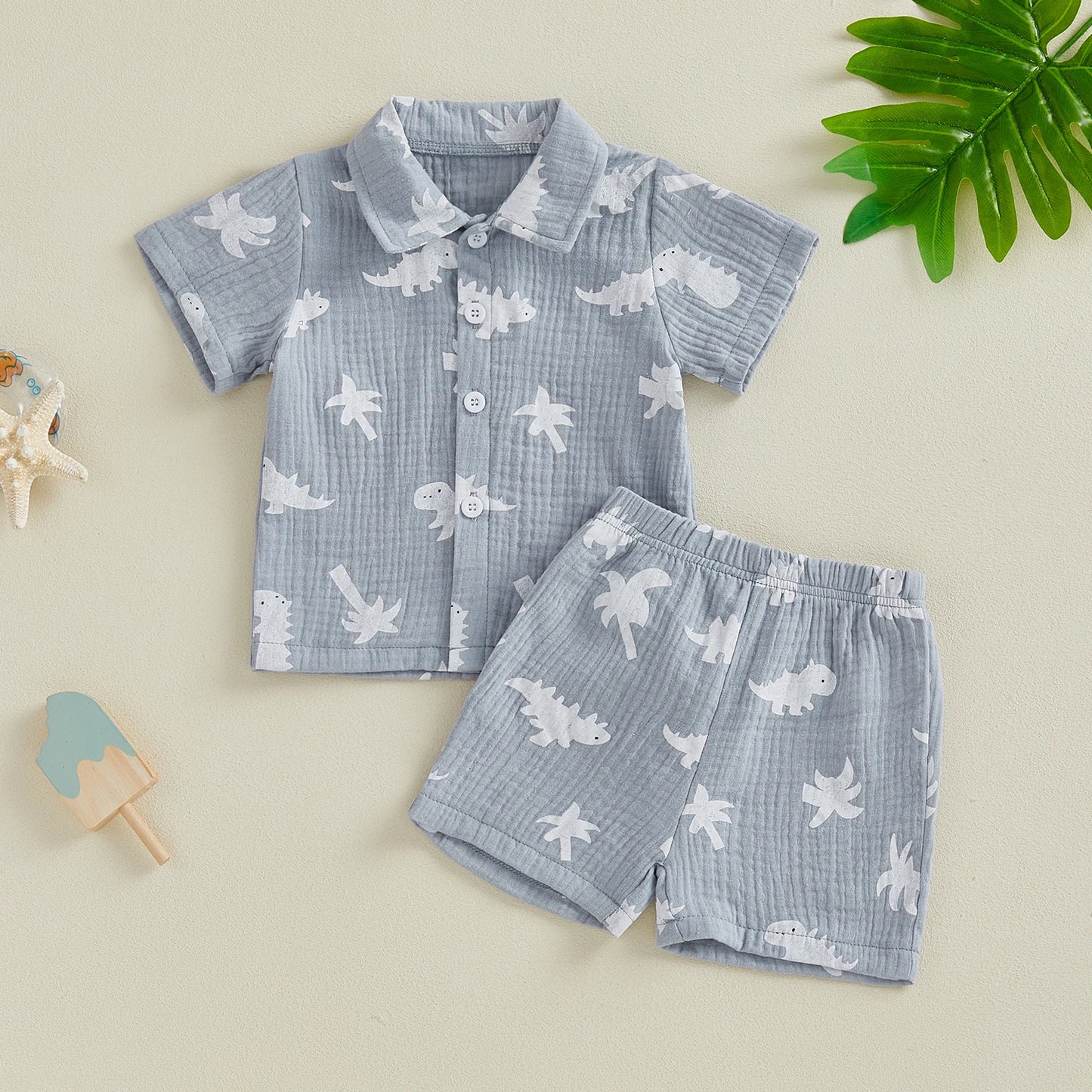 Baby Toddler Boys 2Pcs Set Dinosaur Bus Lobster Print Short Sleeve Button Up Shirt with Elastic Waist Shorts Set Summer Outfit