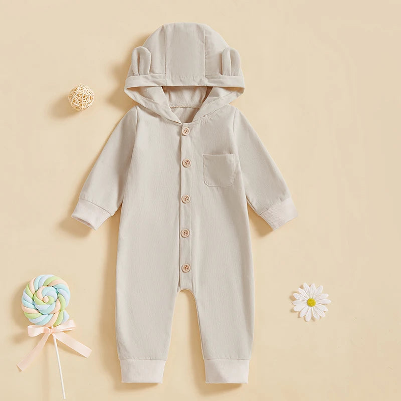 Baby Boys Girls Button-up Jumpsuit Cute Bear Ears Hooded Long Sleeve Chest Pocket Fall Romper Unisex