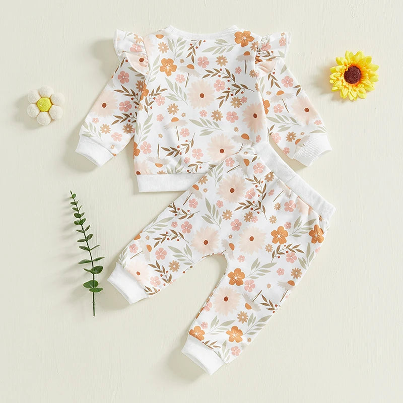 Baby Toddler Girls 2Pcs Fall Set Long Sleeve O Neck Floral Flowers Print Top Drawstring Pants Outfit