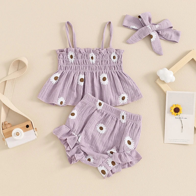 Baby Girls 3Pcs Shorts Set Spaghetti Straps Pleated Flower Print Camisole Top with Shorts Hairband Summer Outfit