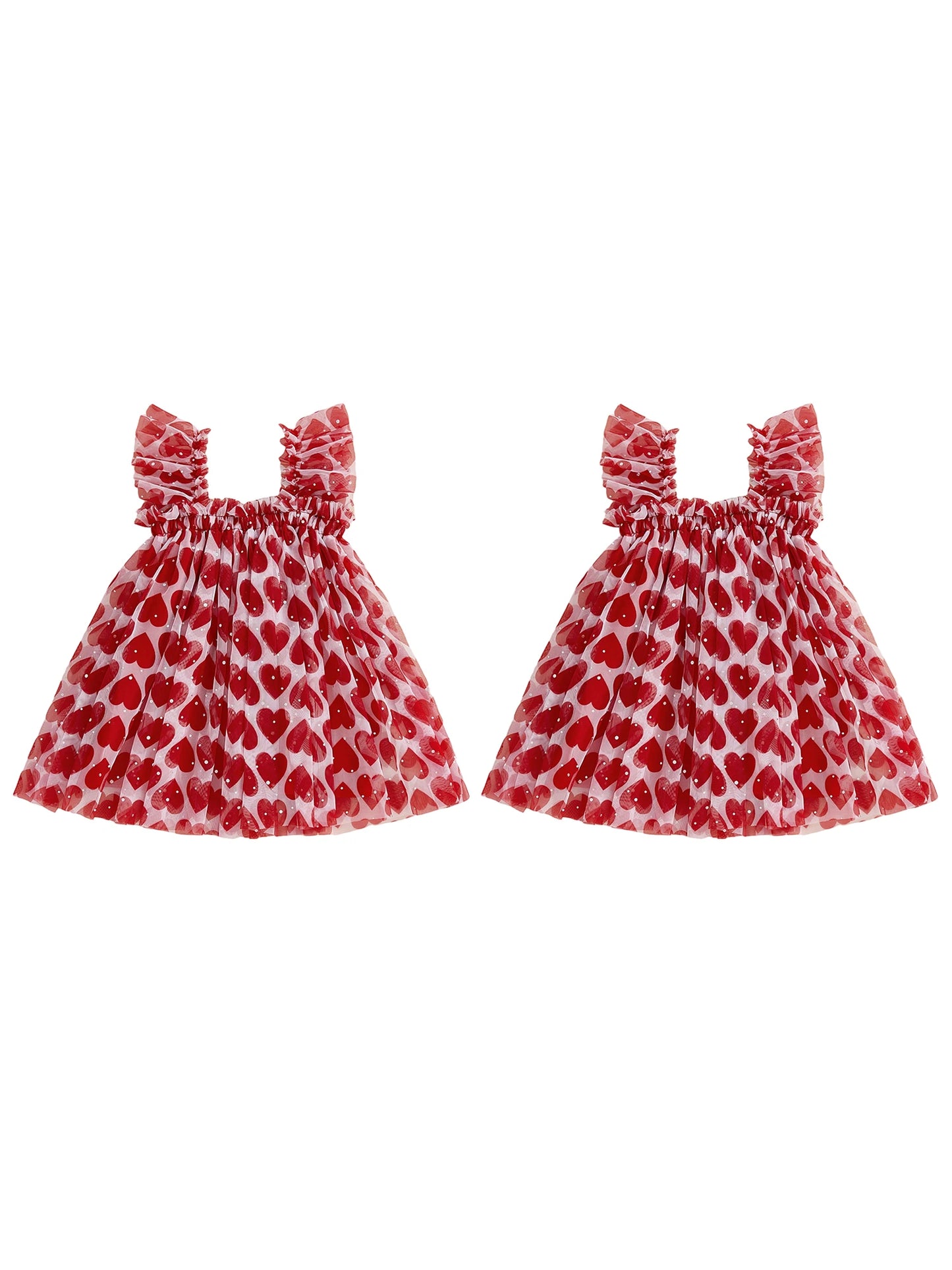 Baby Toddler Girl Sleeveless Dress with Ruffled Straps Red Heart Print Sequin Embellishments Suspender A Line Tulle Dress