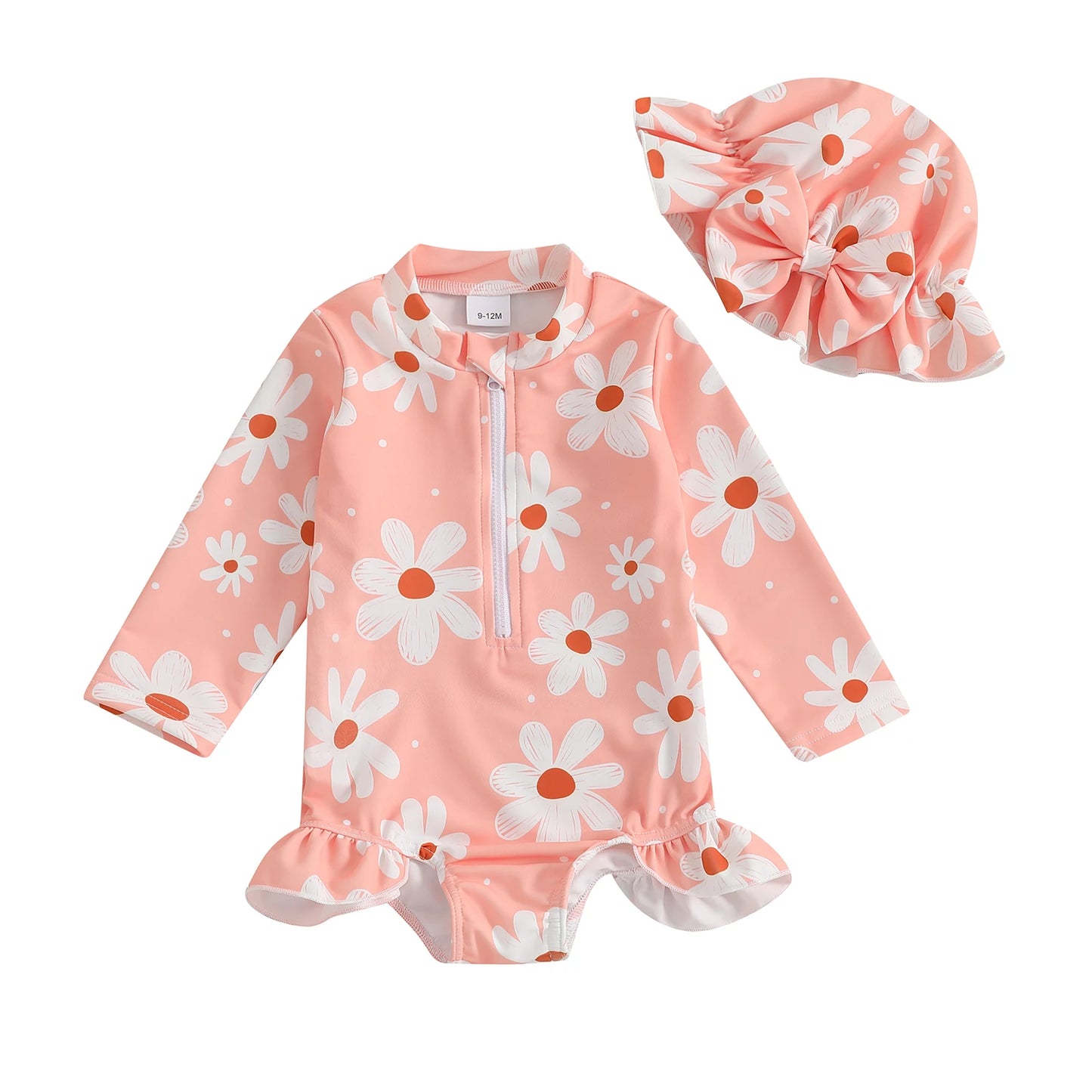 Baby Toddler Girls 2Pcs Swimsuit Long Sleeve Floral/Bow Print Ruffles Bathing Suit Swimwear with Swim Cap Set