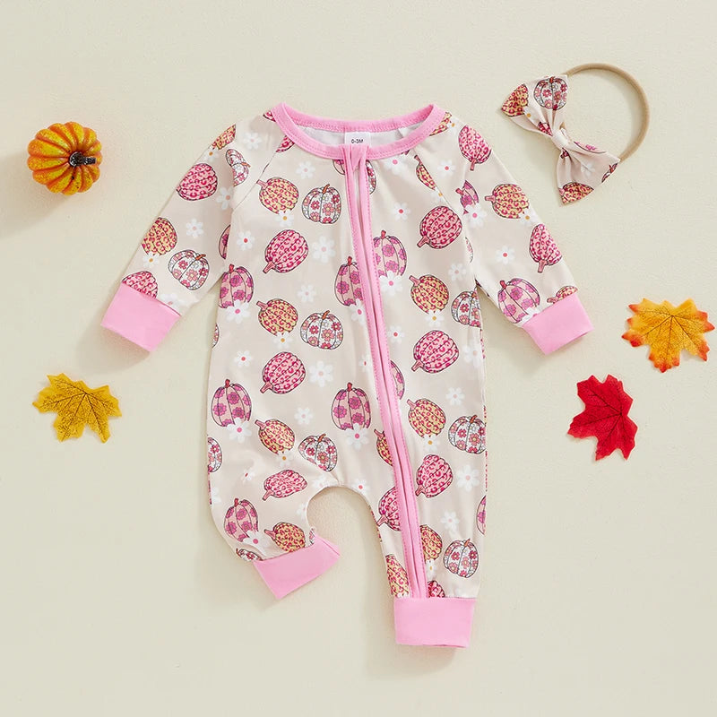 Baby Girls 2Pcs Halloween Bodysuit Pumpkin Daisy Print Zipper Long Sleeve Fall Romper Headband Outfit Set