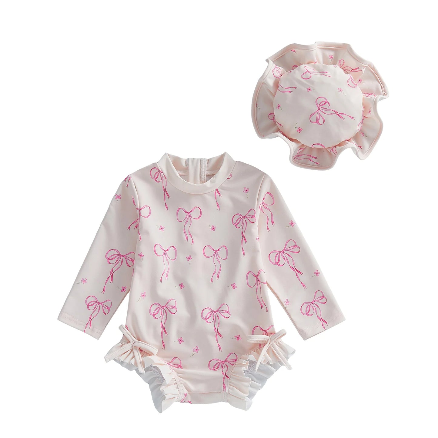 Baby Toddler Girls 2Pcs Rash Guard Swimsuit Set Girls Bow Print Long Sleeve Round Neck Ruffle Jumpsuit and Hat Set for Pool Beach
