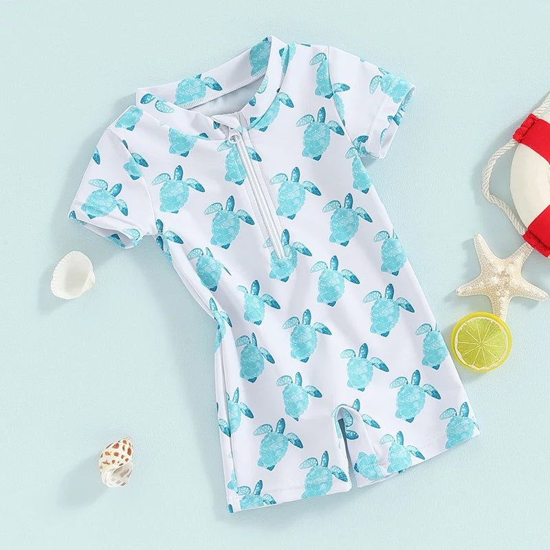 Baby Toddler Boys Summer Swimsuit Rompers Short Sleeve Turtle/Shark Print Zipper Bathing Suit Swimwear Romper