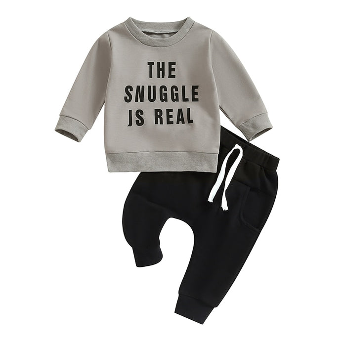 Baby Boys 2Pcs Fall Clothes Sets Long Sleeve The Snuggle is Real Print Tops Drawstring Pants
