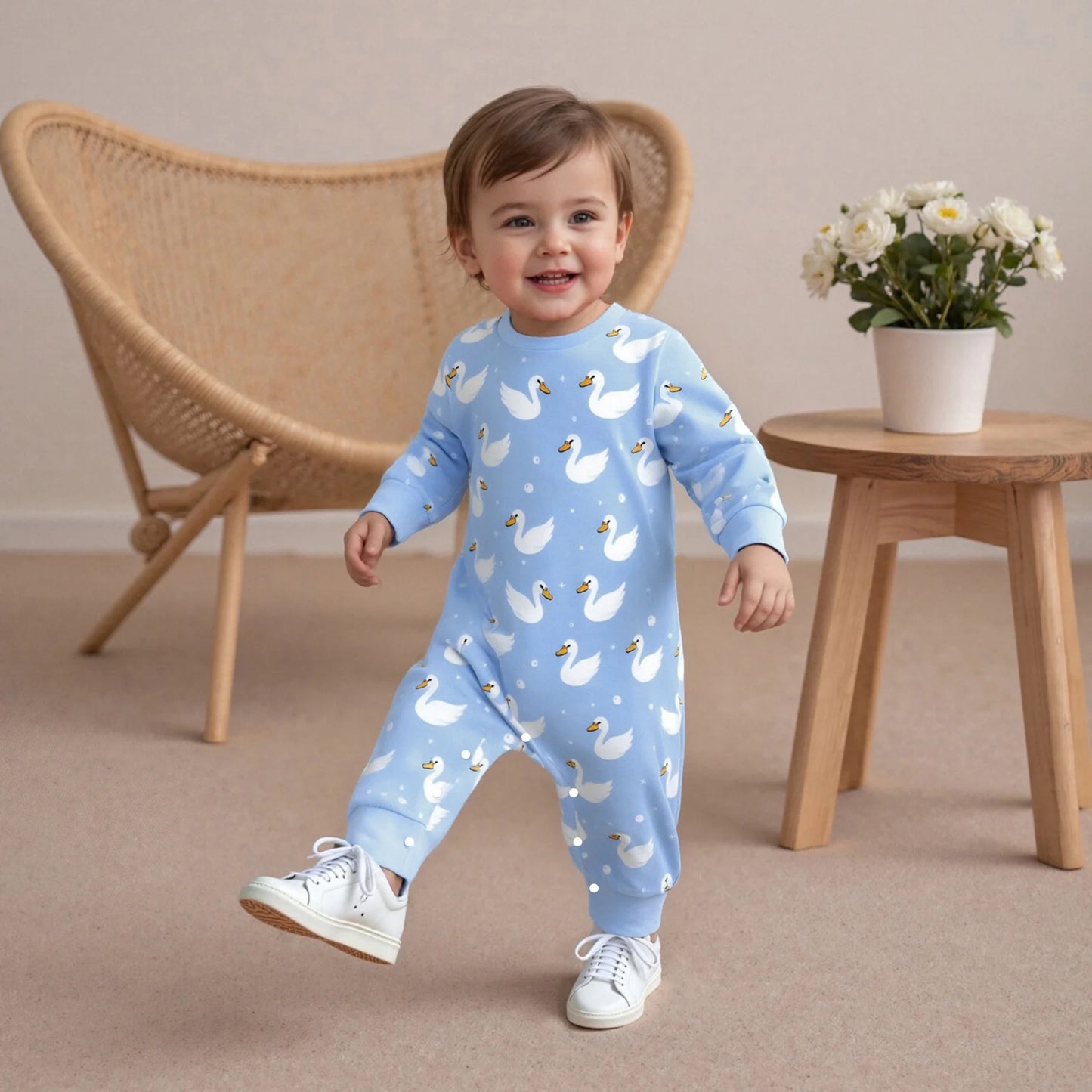 Baby Boys Girls Romper Comfortable Geese Print Crew Neck Long Sleeve Full Length Jumpsuit