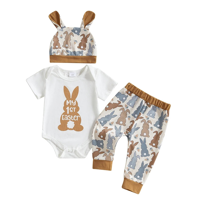 Baby Girl Boy 3Pcs My First 1st Easter Outfit Bunny Print Short Sleeve Romper Bodysuit Long Pants Hat with Rabbit Ears Spring Set