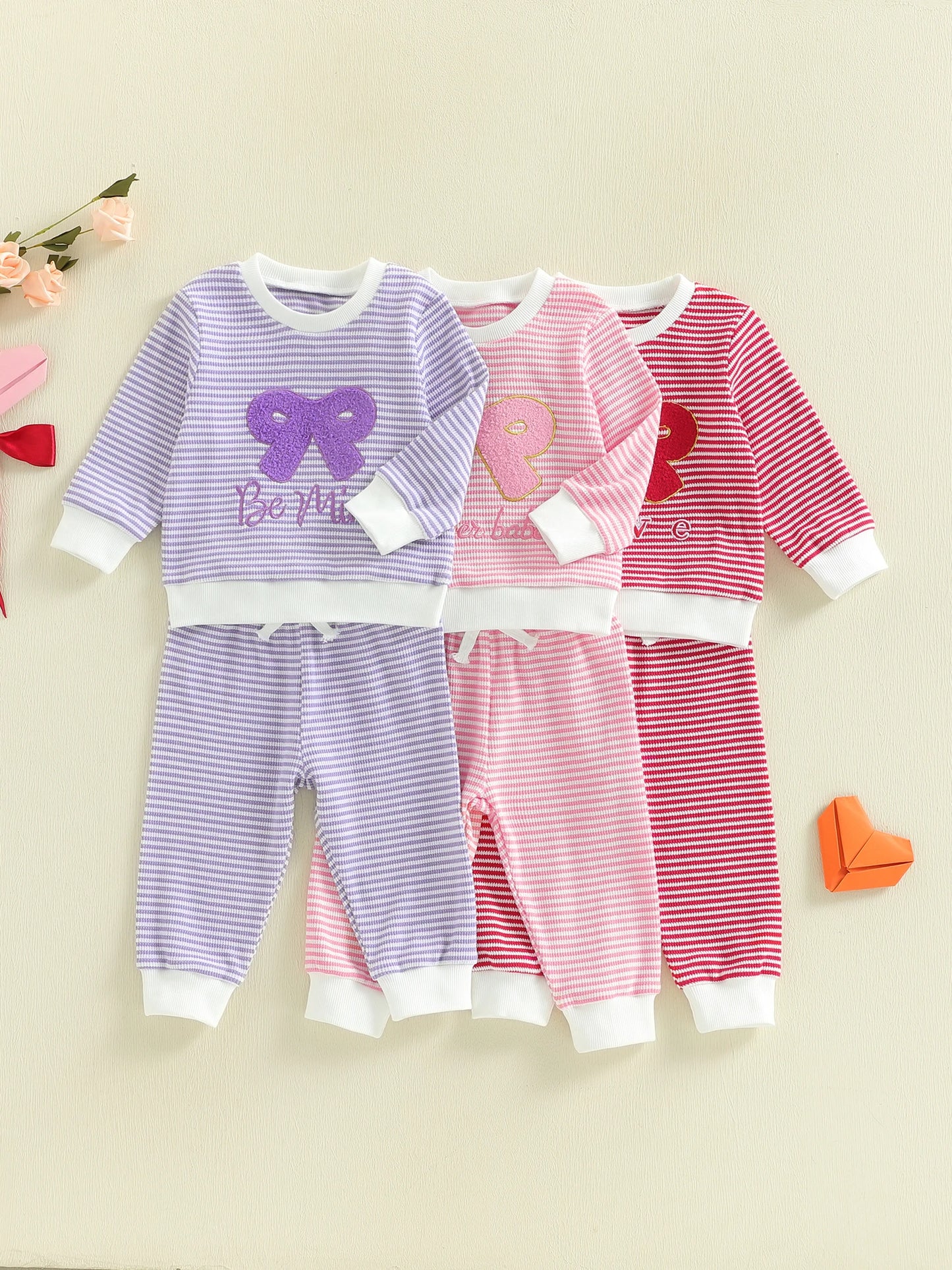 Baby Toddler Girl 2Pcs Valentine's Day Outfit Striped Bow Letter Be Mine / Love Embroidered Long Sleeve Top and Pants 2 Jogger Set