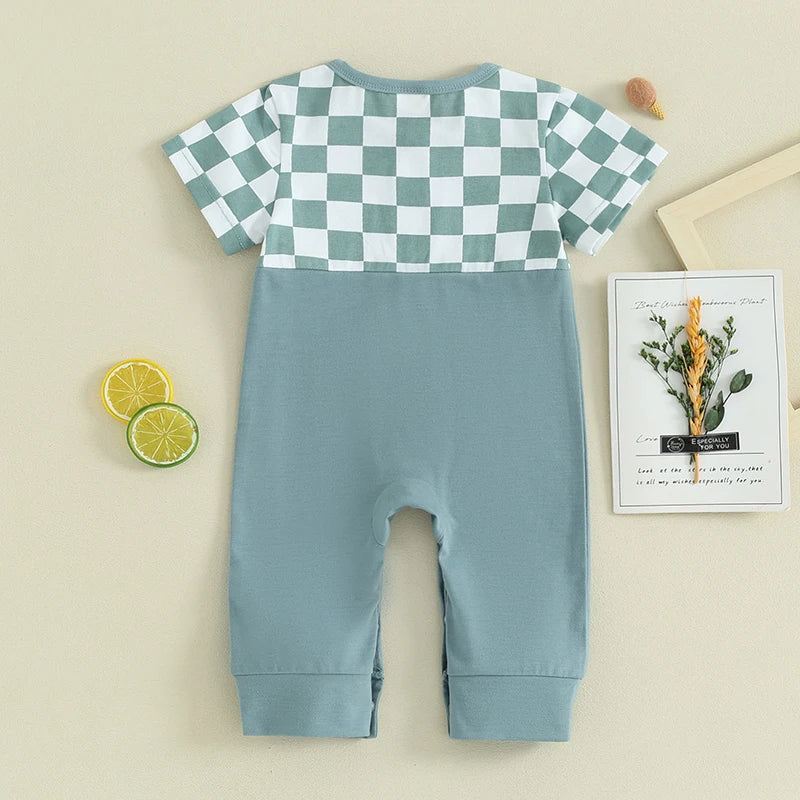 Baby Boys Romper Short Sleeve Crew Neck Checkerboard Print Pocket Casual Jumpsuit