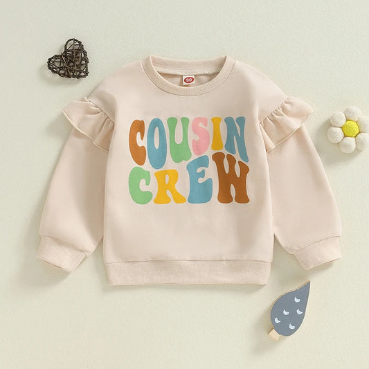 Toddler Kids Girls Cousin Crew Letter Print Crew Neck Ruffles Long Sleeve Pullover Fall Top