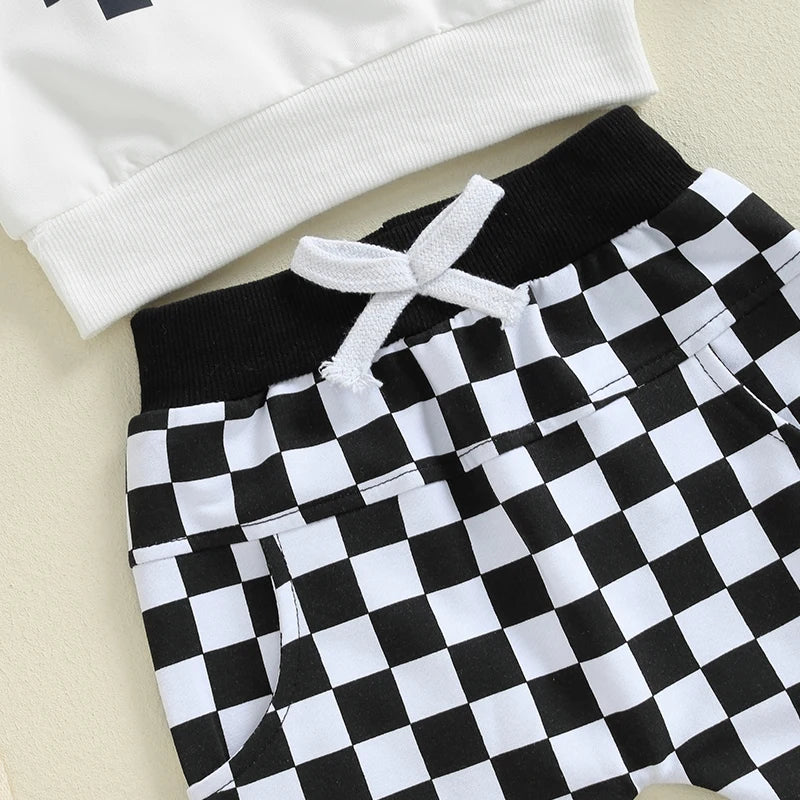 Baby Toddler Boys 2Pcs Mama's Boy Checkered Set Letter Print Long Sleeve Round Neck Top with Pocket Long Pants Outfit