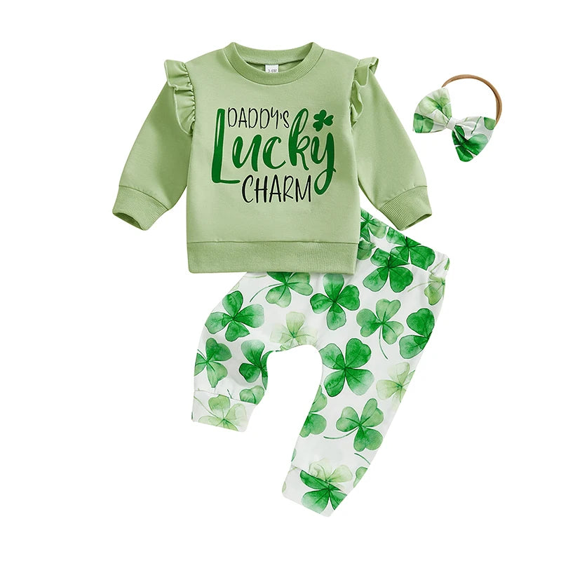 Baby Toddler Girls 3Pcs Daddy's Lucky Charm / Lucky Clover Spring Outfit Long Sleeve Top + Shamrock Pants + Headband Bow Set Clothes St. Patrick's Day