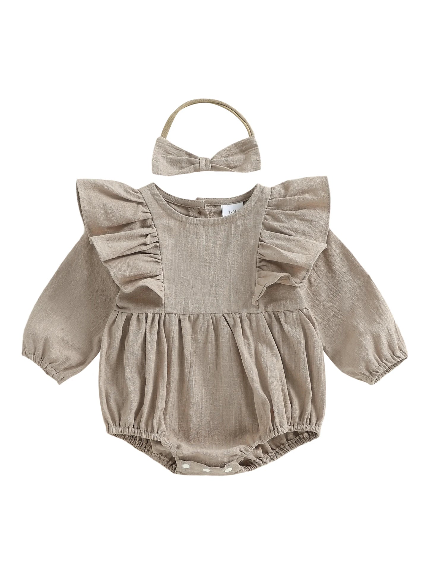 Baby Girl 2Pcs Spring Romper Solid Color Long Sleeves Round Neck Ruffled Bodysuit and Matching Bow Headband Set